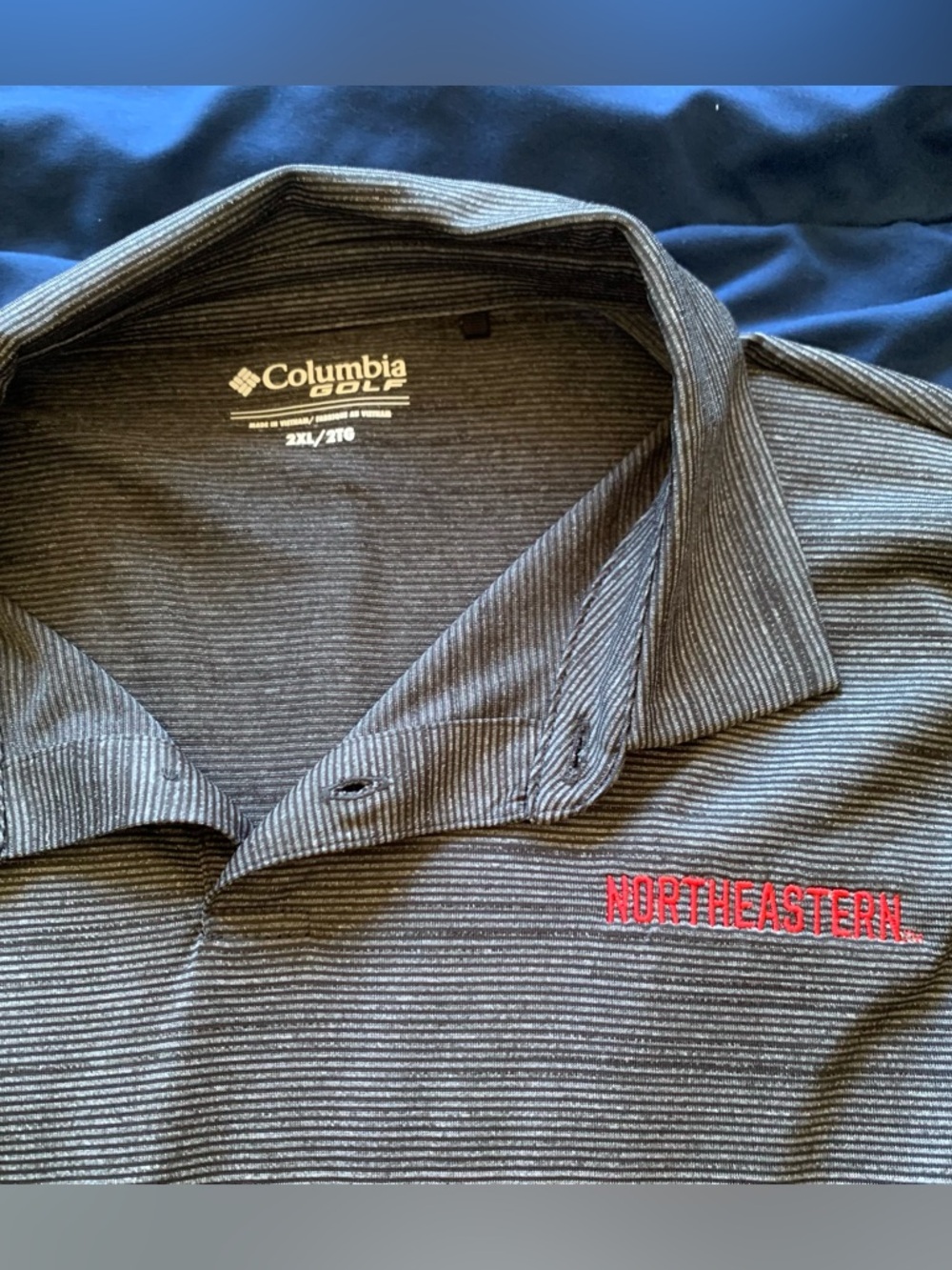 Columbia Gray Pinstripe Polo with Red Northeastern Embroidery